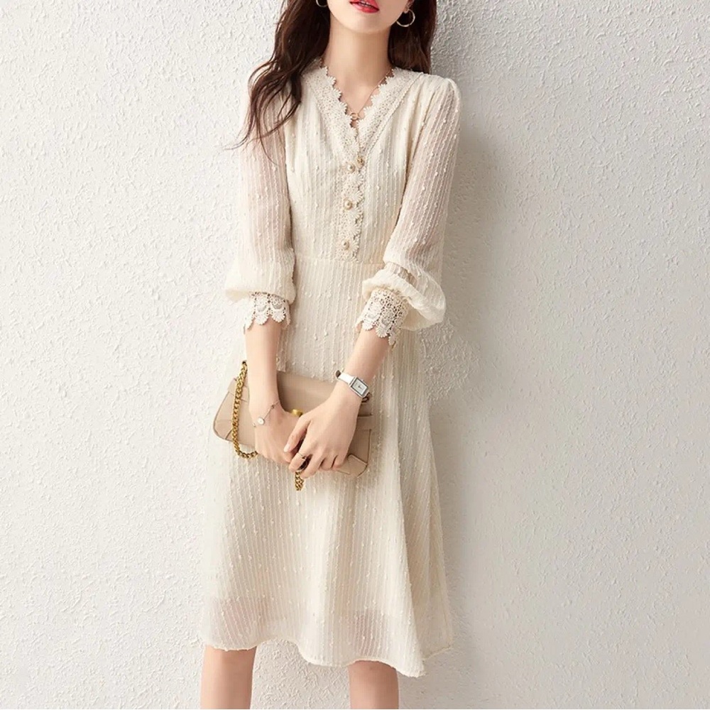 Sentubila Women Elegant Cream Lace-Trimmed Dress Size: Small 155/80A